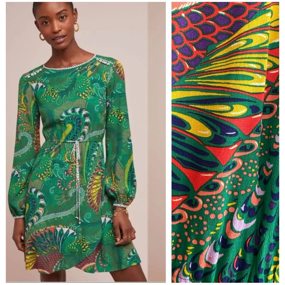 Anthropologie Green Multicolor Mini Dress